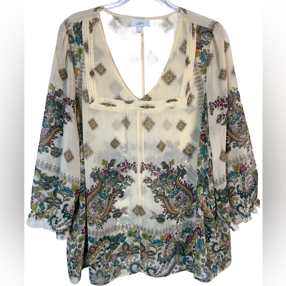 LOFT Cream Paisley Boho V-Neck Blouse